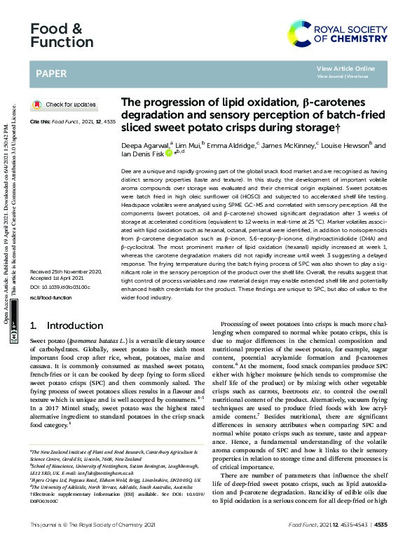 The progression of lipid oxidation, ?-carotenes degradation and sensory perception of batch-fried sliced sweet potato crisps during storage Thumbnail