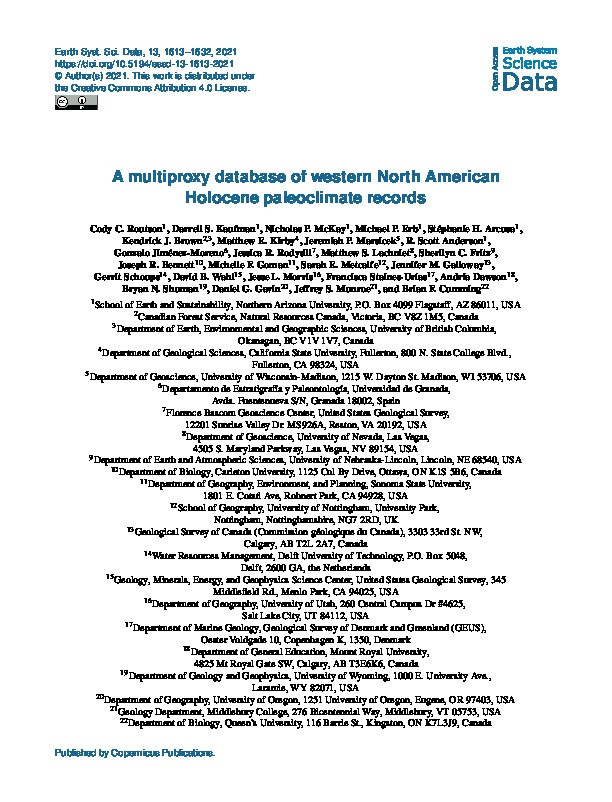 A multiproxy database of western North American Holocene paleoclimate records Thumbnail