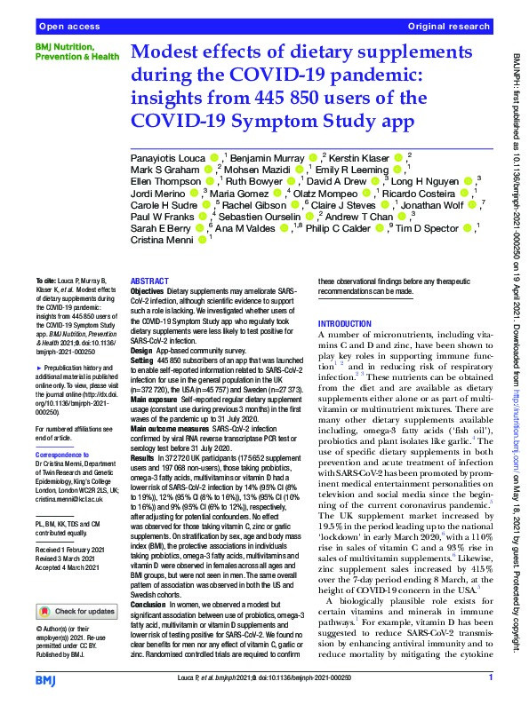 Modest effects of dietary supplements during the COVID-19 pandemic: insights from 445 850 users of the COVID-19 Symptom Study app Thumbnail