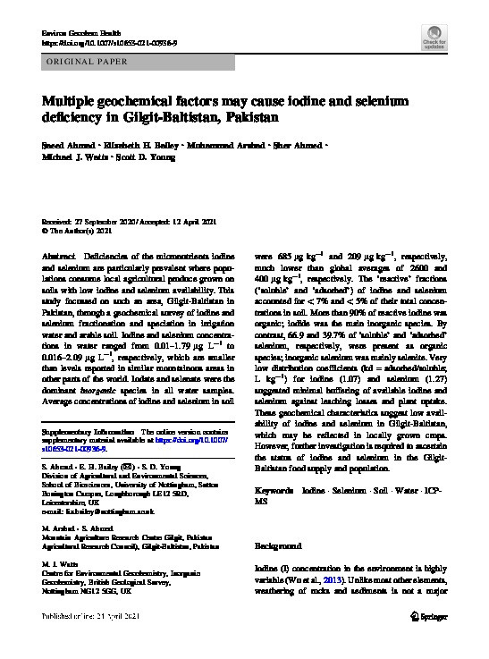 Multiple geochemical factors may cause iodine and selenium deficiency in Gilgit-Baltistan, Pakistan Thumbnail