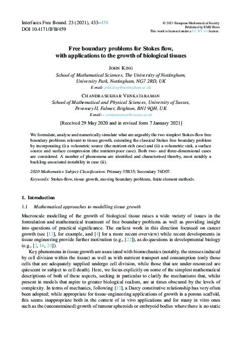 Free boundary problems for Stokes flow, with applications to the growth of biological tissues Thumbnail