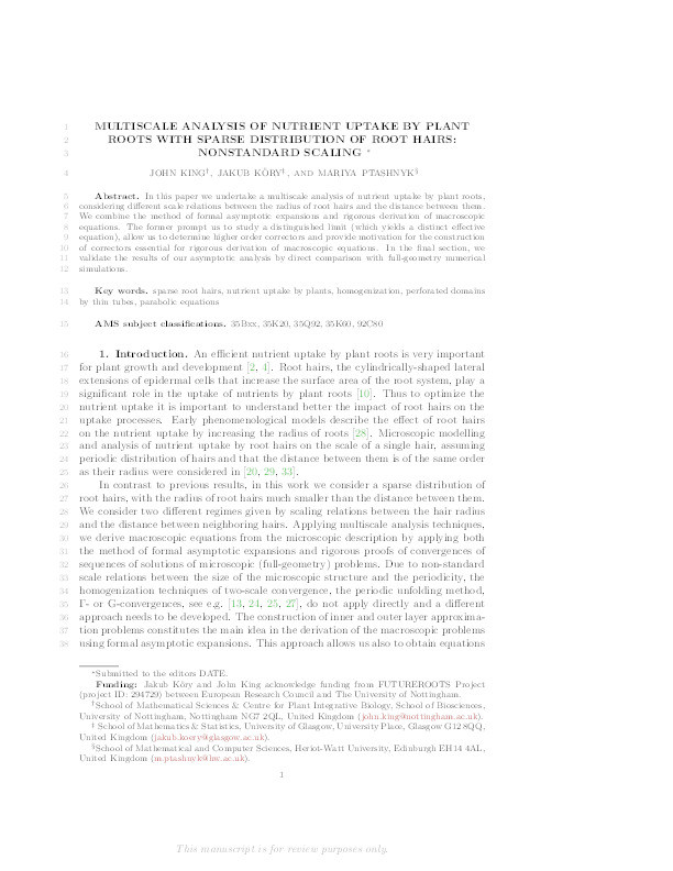 Multiscale analysis of nutrient uptake by plant roots with sparse distribution of root hairs: nonstandard scaling Thumbnail
