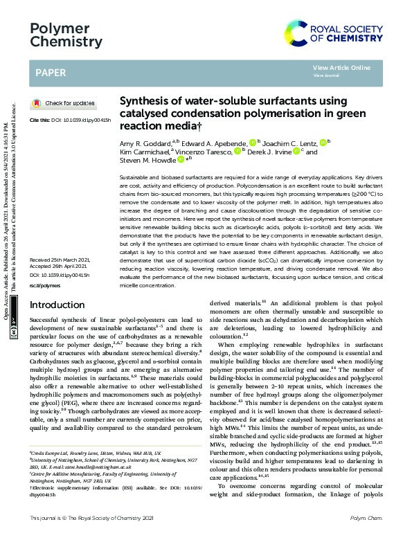 Synthesis of water-soluble surfactants using catalysed condensation polymerisation in green reaction media Thumbnail