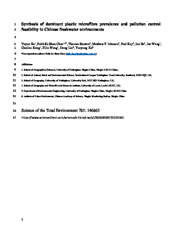 Synthesis of dominant plastic microfibre prevalence and pollution control feasibility in Chinese freshwater environments Thumbnail