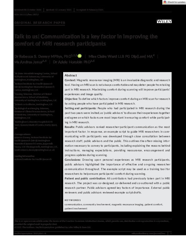 Talk to us! Communication is a key factor in improving the comfort of MRI research participants Thumbnail