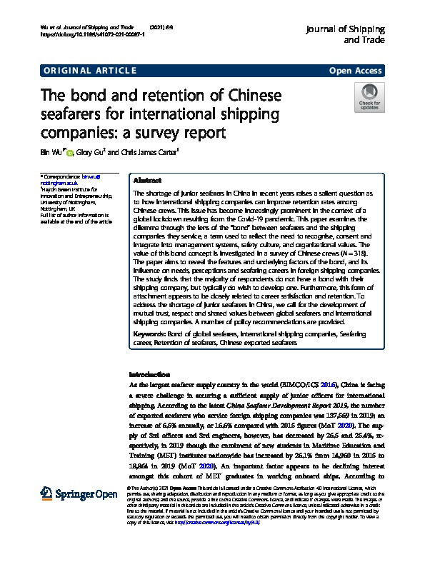 The bond and retention of Chinese seafarers for international shipping companies: a survey report Thumbnail