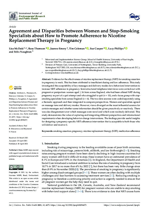 Agreement and Disparities between Women and Stop-Smoking Specialists about How to Promote Adherence to Nicotine Replacement Therapy in Pregnancy Thumbnail