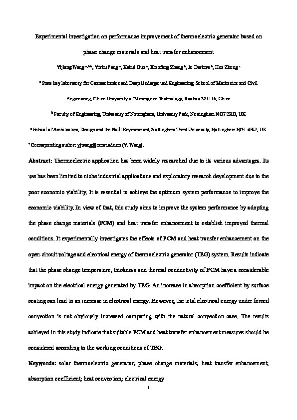 Experimental investigation on performance improvement of thermoelectric generator based on phase change materials and heat transfer enhancement Thumbnail