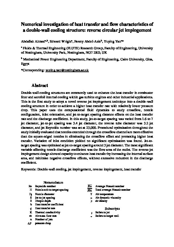 Numerical investigation of heat transfer and flow characteristics of a double-wall cooling structure: Reverse circular jet impingement Thumbnail