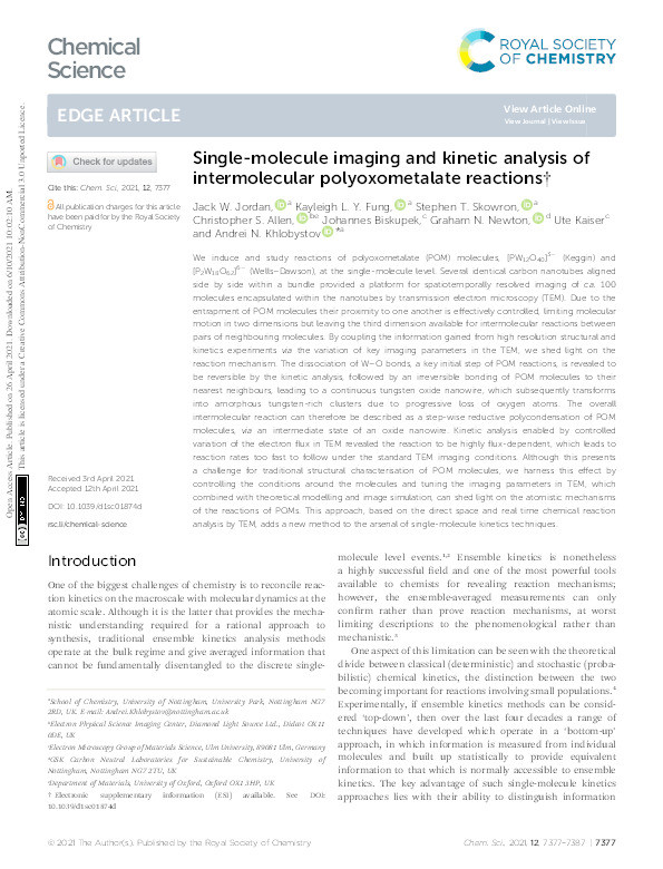 Single-molecule imaging and kinetic analysis of intermolecular polyoxometalate reactions Thumbnail