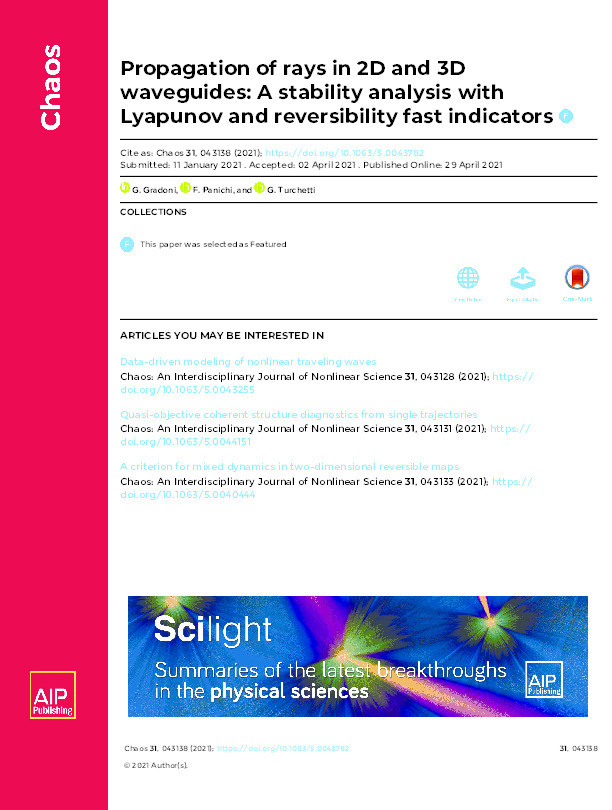 Propagation of rays in 2D and 3D waveguides: A stability analysis with Lyapunov and reversibility fast indicators Thumbnail