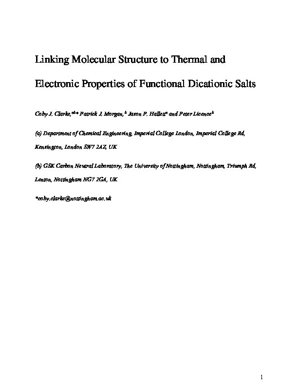 Linking the the thermal and electronic properties of functional dicationic salts with their molecular structures Thumbnail