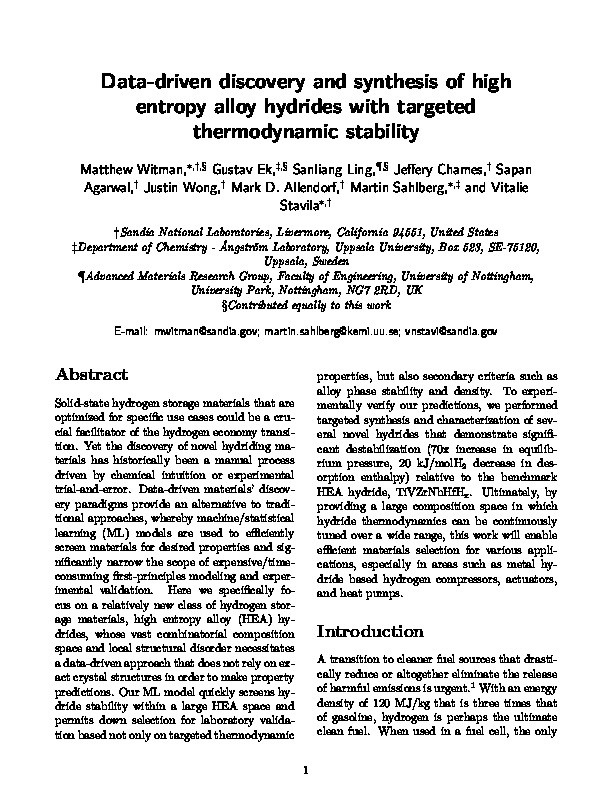 Data-Driven Discovery and Synthesis of High Entropy Alloy Hydrides with Targeted Thermodynamic Stability Thumbnail