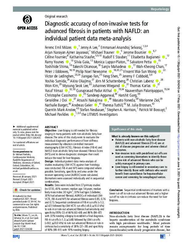 Diagnostic accuracy of non-invasive tests for advanced fibrosis in patients with NAFLD: an individual patient data meta-analysis Thumbnail