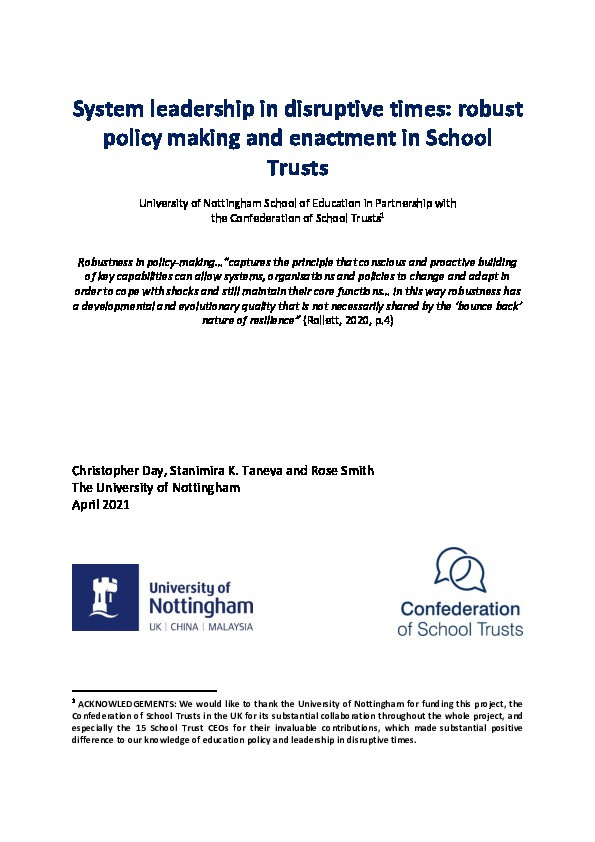 System leadership in disruptive times: robust policy making and enactment in School Trusts Thumbnail