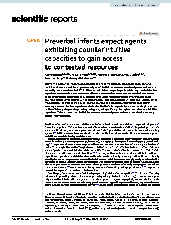 Preverbal infants expect agents exhibiting counterintuitive capacities to gain access to contested resources Thumbnail