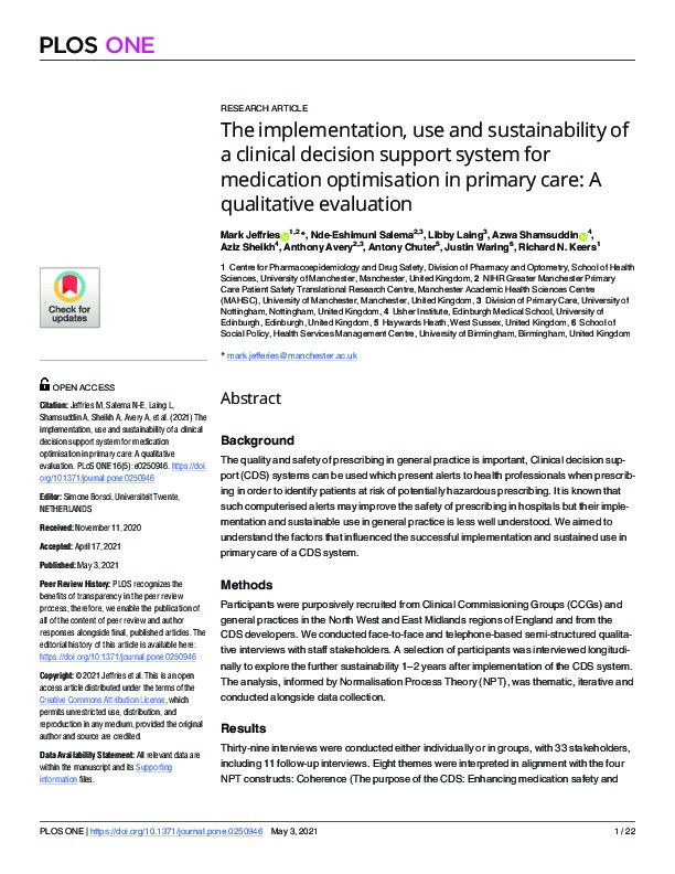 The implementation, use and sustainability of a clinical decision support system for medication optimisation in primary care: A qualitative evaluation Thumbnail