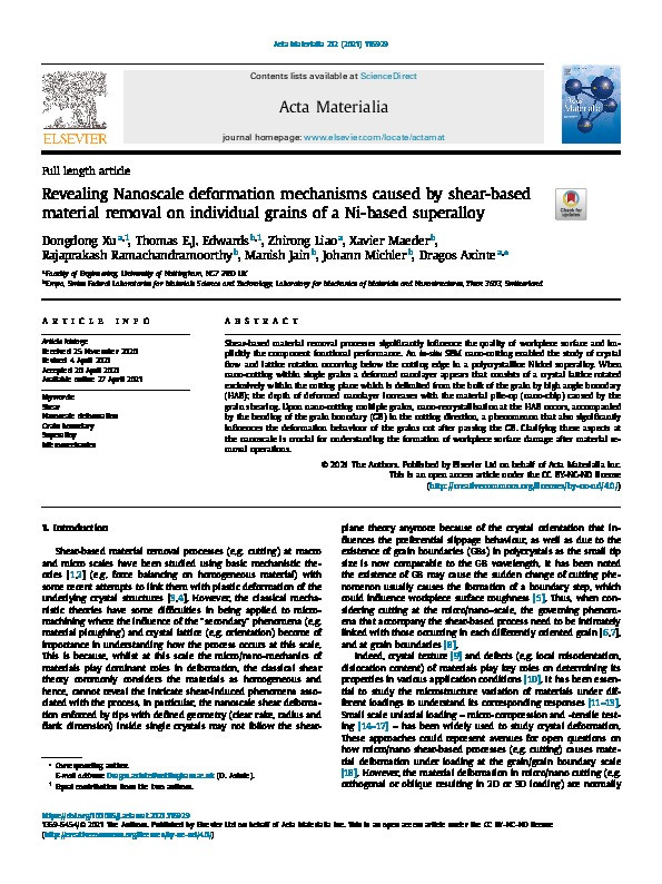 Revealing Nanoscale deformation mechanisms caused by shear-based material removal on individual grains of a Ni-based superalloy Thumbnail