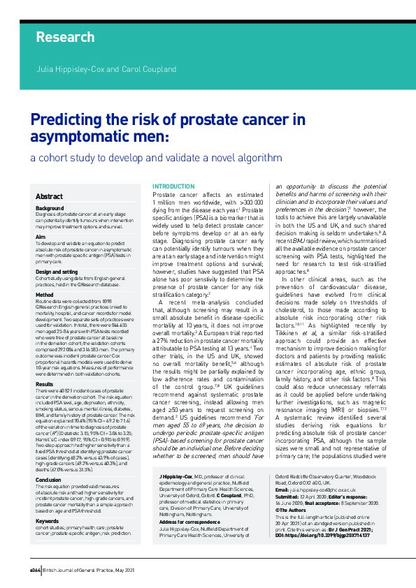 Predicting the risk of prostate cancer in asymptomatic men: a cohort study to develop and validate a novel algorithm Thumbnail