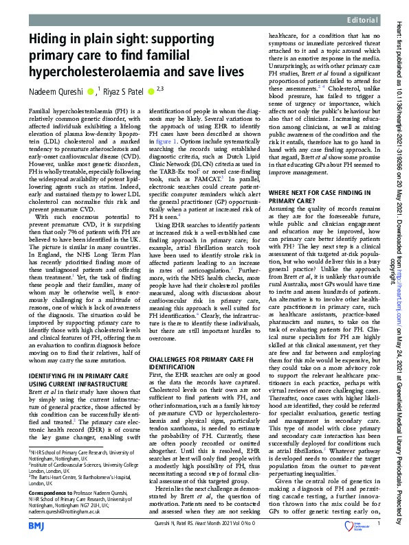 Hiding in plain sight: supporting primary care to find familial hypercholesterolaemia and save lives Thumbnail