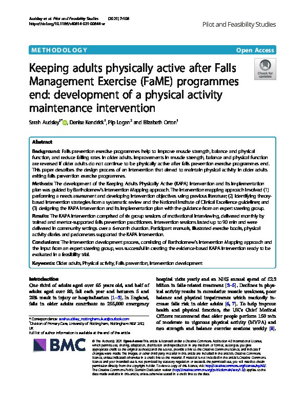 Keeping adults physically active after falls management exercise (FaME) programmes end: Development of a physical activity maintenance intervention Thumbnail