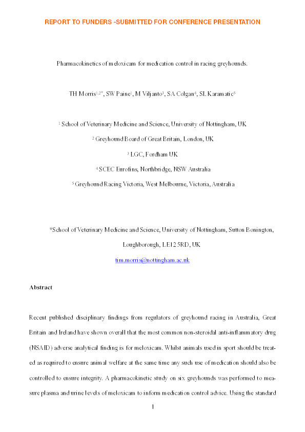Pharmacokinetics of meloxicam for medication control in racing greyhounds Thumbnail