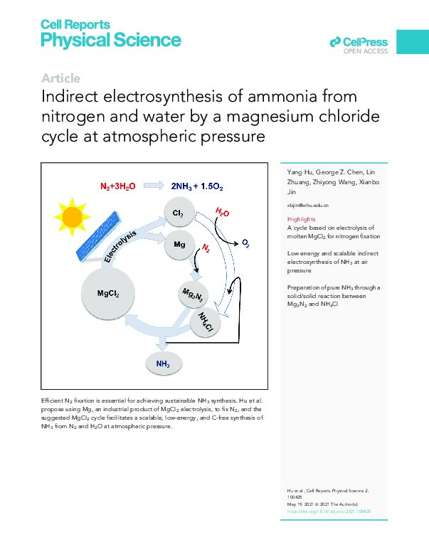 Indirect electrosynthesis of ammonia from nitrogen and water by a magnesium chloride cycle at atmospheric pressure Thumbnail