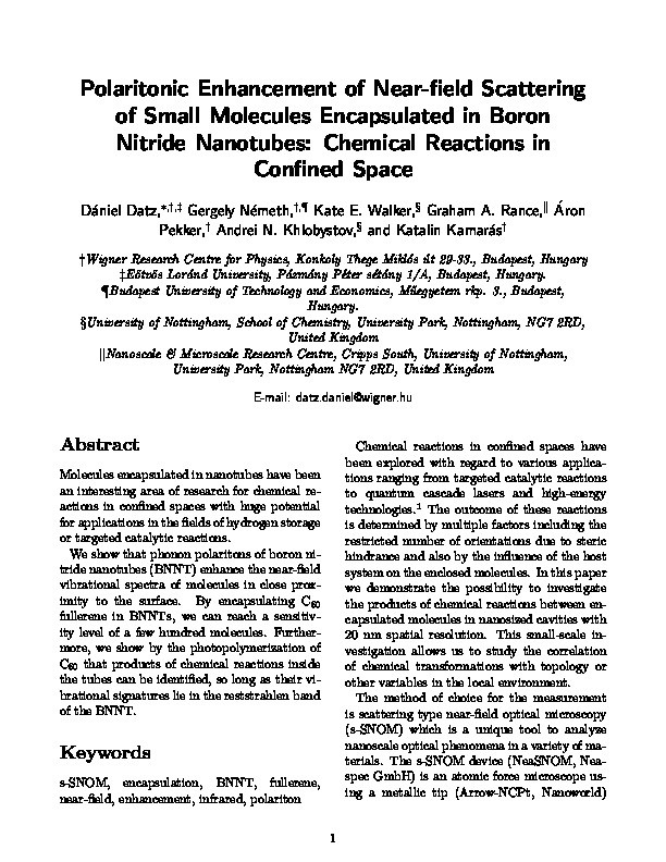 Polaritonic Enhancement of Near-Field Scattering of Small Molecules Encapsulated in Boron Nitride Nanotubes: Chemical Reactions in Confined Spaces Thumbnail