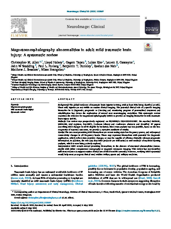 Magnetoencephalography abnormalities in adult mild traumatic brain injury: a systematic review Thumbnail