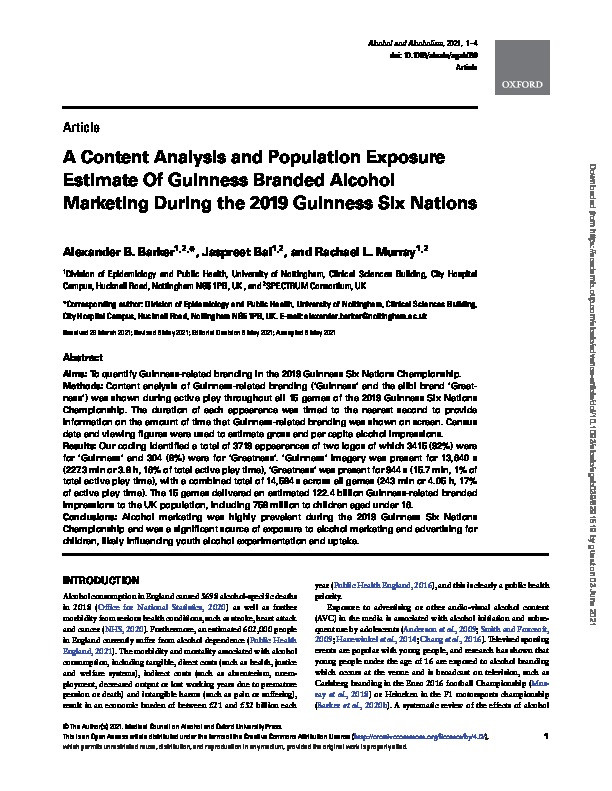 A Content Analysis and Population Exposure Estimate Of Guinness Branded Alcohol Marketing During the 2019 Guinness Six Nations Thumbnail