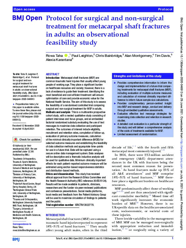 Protocol for surgical and non-surgical treatment for metacarpal shaft fractures in adults: an observational feasibility study Thumbnail