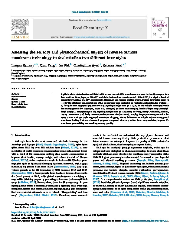 Assessing the sensory and physicochemical impact of reverse osmosis membrane technology to dealcoholize two different beer styles Thumbnail