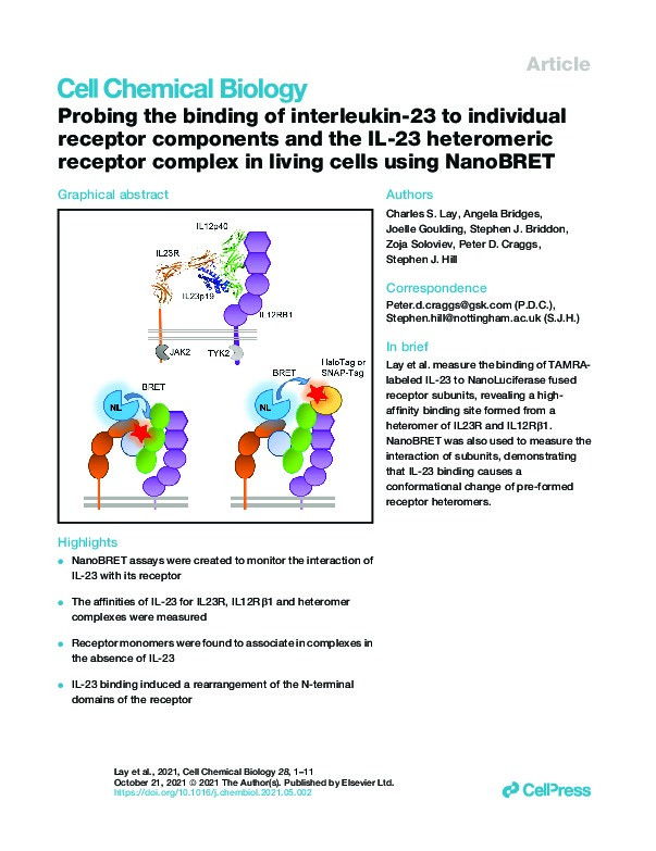 Probing the binding of interleukin-23 to individual receptor components and the IL-23 heteromeric receptor complex in living cells using NanoBRET Thumbnail