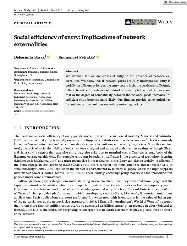 Social efficiency of entry: implications of network externalities Thumbnail