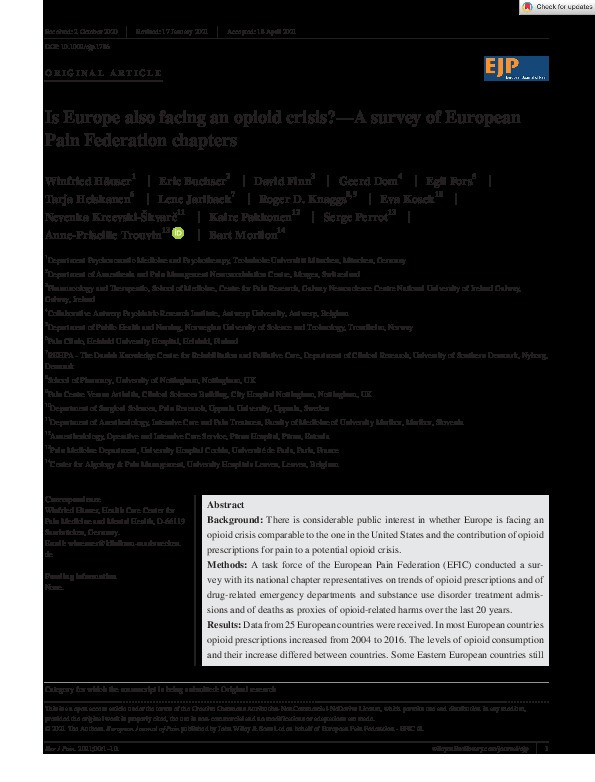 Is Europe also facing an opioid crisis? ‐ A survey of European Pain Federation chapters Thumbnail