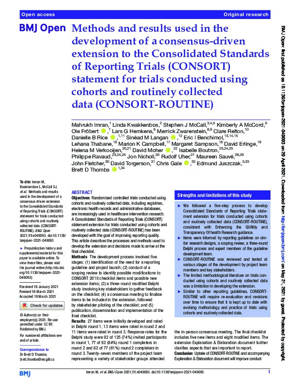 Methods and results used in the development of a consensus-driven extension to the Consolidated Standards of Reporting Trials (CONSORT) statement for trials conducted using cohorts and routinely collected data (CONSORT-ROUTINE) Thumbnail