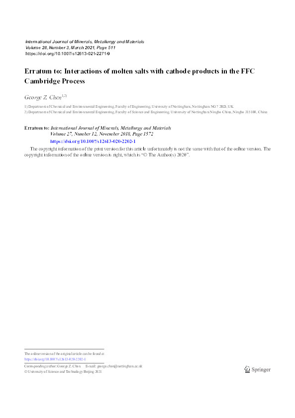 Erratum to: Interactions of molten salts with cathode products in the FFC Cambridge Process (International Journal of Minerals, Metallurgy and Materials, (2020), 27, 12, (1572-1587), 10.1007/s12613-020-2202-1) Thumbnail