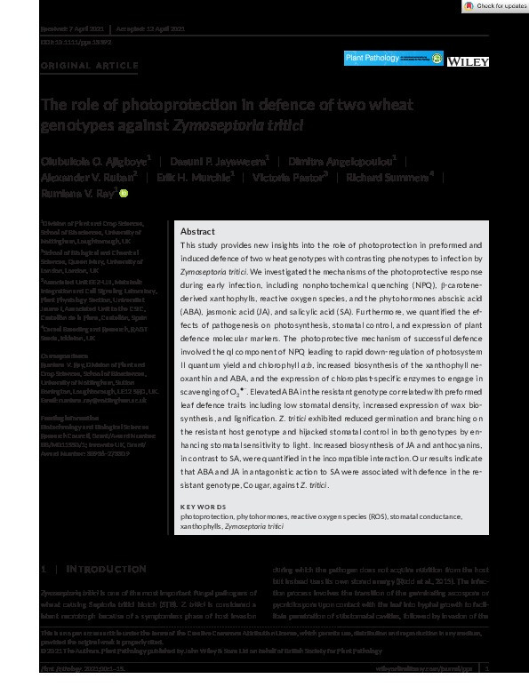 The role of photoprotection in defence of two wheat genotypes against Zymoseptoria tritici Thumbnail