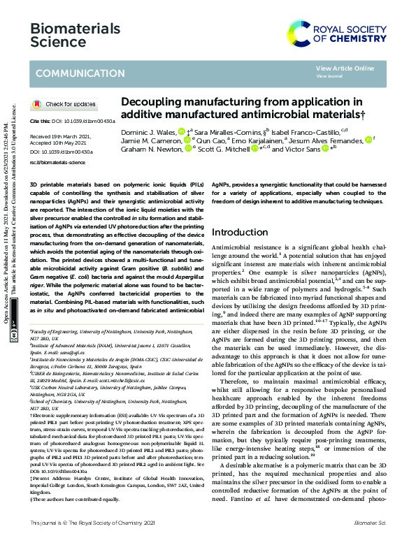 Decoupling manufacturing from application in additive manufactured antimicrobial materials Thumbnail