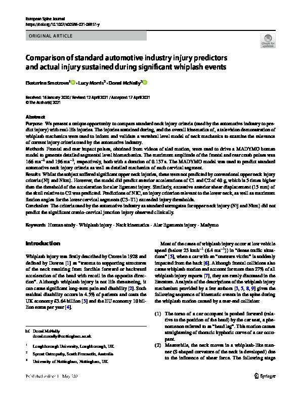 Comparison of standard automotive industry injury predictors and actual injury sustained during significant whiplash events Thumbnail