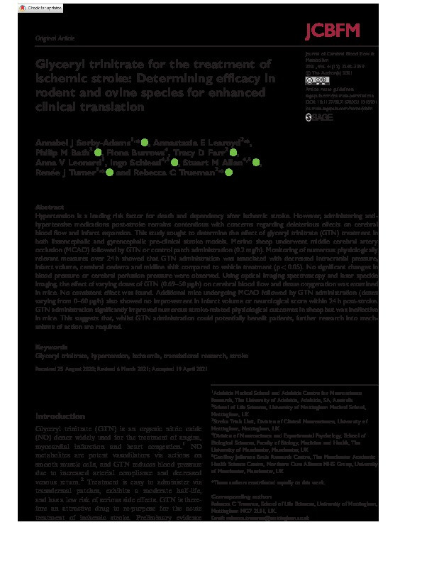 Glyceryl trinitrate for the treatment of ischaemic stroke: Determining efficacy in rodent and ovine species for enhanced clinical translation Thumbnail