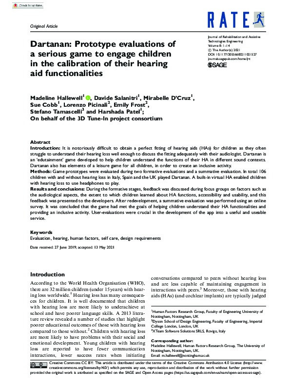 Dartanan: Prototype evaluations of a serious game to engage children in the calibration of their hearing aid functionalities Thumbnail