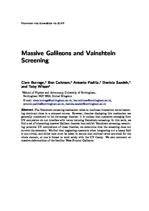 Massive Galileons and Vainshtein screening Thumbnail