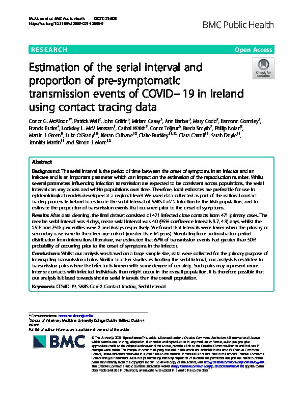 Estimation of the serial interval and proportion of pre-symptomatic transmission events of COVID??19 in Ireland using contact tracing data Thumbnail