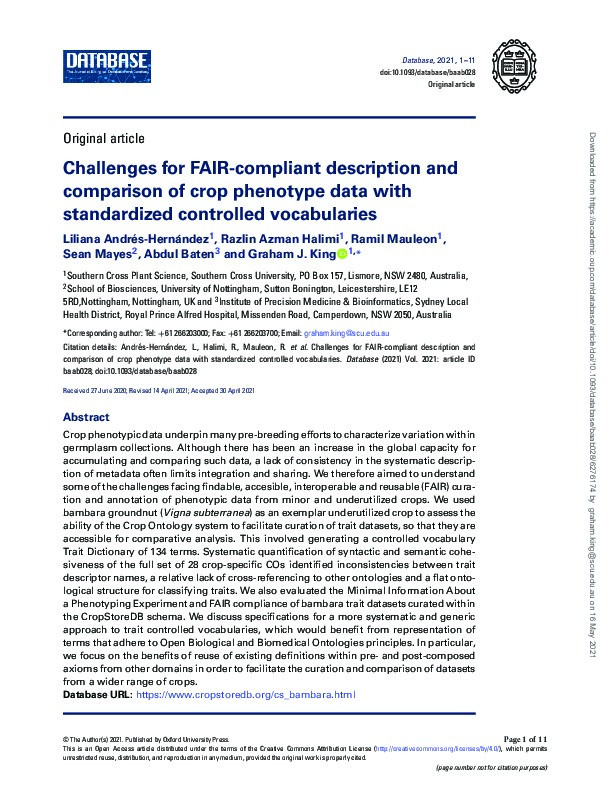 Challenges for FAIR-compliant description and comparison of crop phenotype data with standardized controlled vocabularies Thumbnail