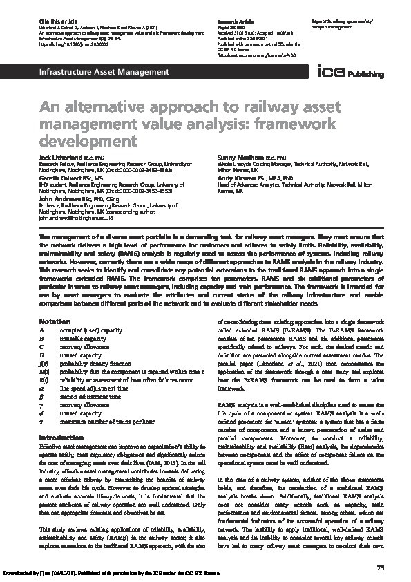 An alternative approach to railway asset management value analysis: framework development Thumbnail
