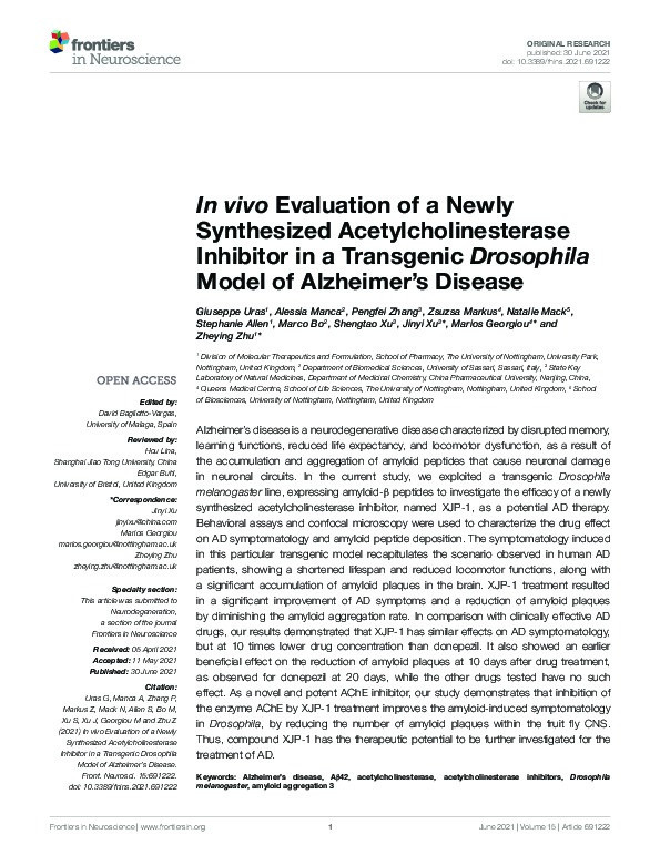 In vivo Evaluation of a Newly Synthesized Acetylcholinesterase Inhibitor in a Transgenic Drosophila Model of Alzheimer’s Disease Thumbnail