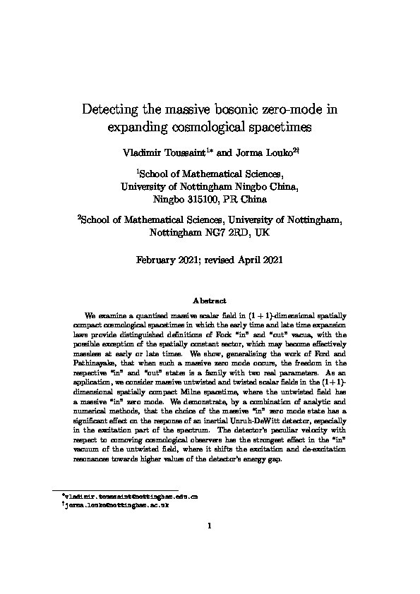 Detecting the massive bosonic zero-mode in expanding cosmological spacetimes Thumbnail