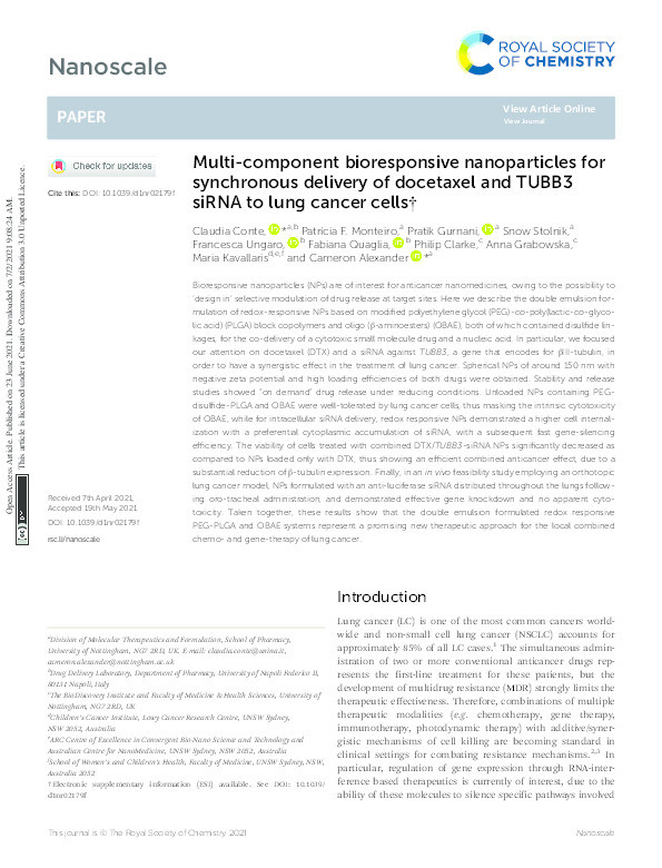 Multi-component bioresponsive nanoparticles for synchronous delivery of docetaxel and TUBB3 siRNA to lung cancer cells Thumbnail