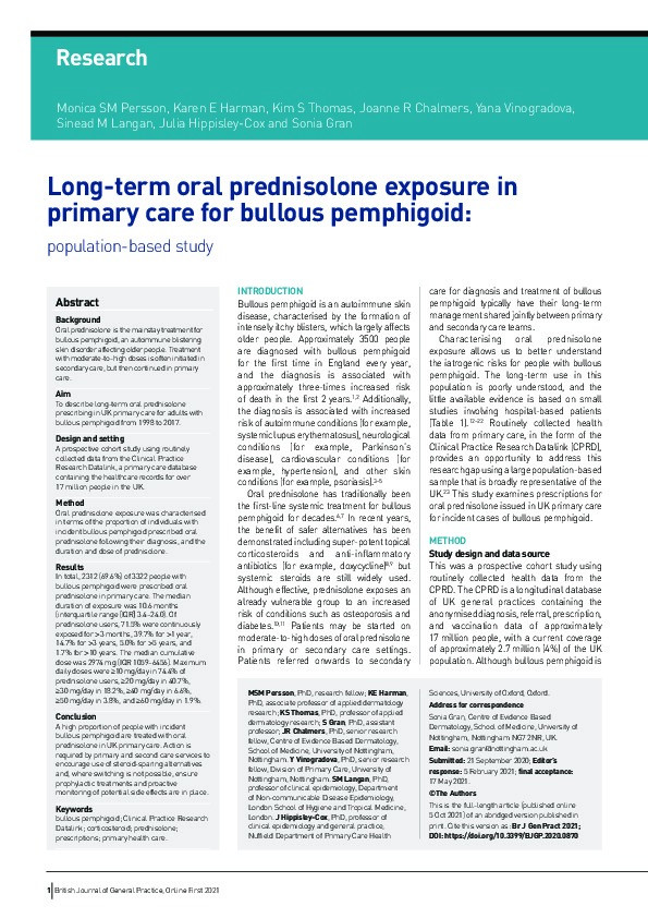 Long-term oral prednisolone exposure in primary care for bullous pemphigoid: population-based study Thumbnail